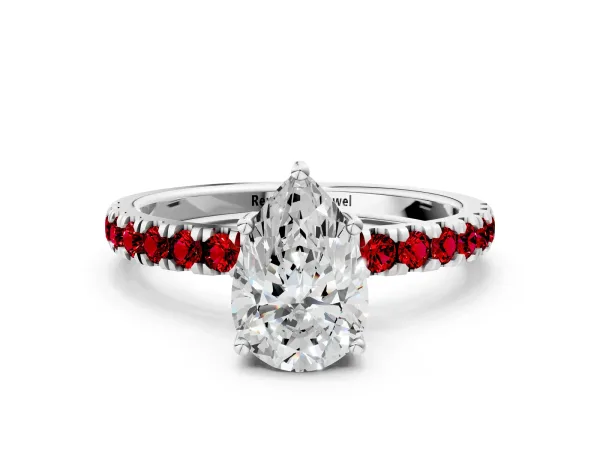 Pear Cut Diamond Pave Band Solitaire Ring with Round Ruby and Prong Setting Platinum