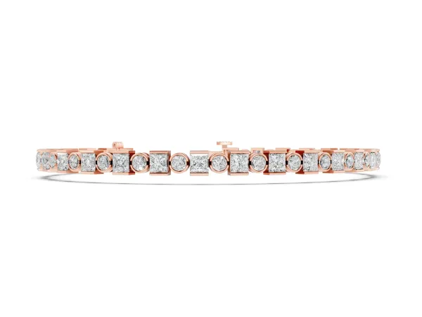 Bezel and Prong Set Round and Princess Cut Diamond Tennis Bracelet Rose gold
