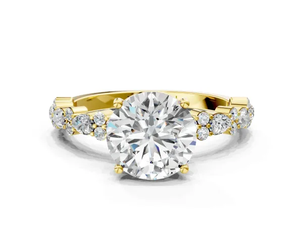 Round Cut Diamond Side Stone Solitaire Ring with Round Moissanite and Four-Prong Setting Yellow gold