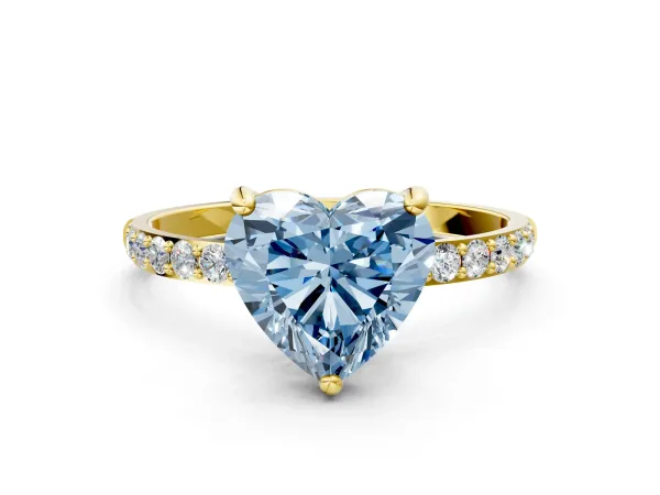 Fancy Blue Heart Cut Diamond Solitaire Ring with Round Pavé Band and Prong Setting Yellow gold
