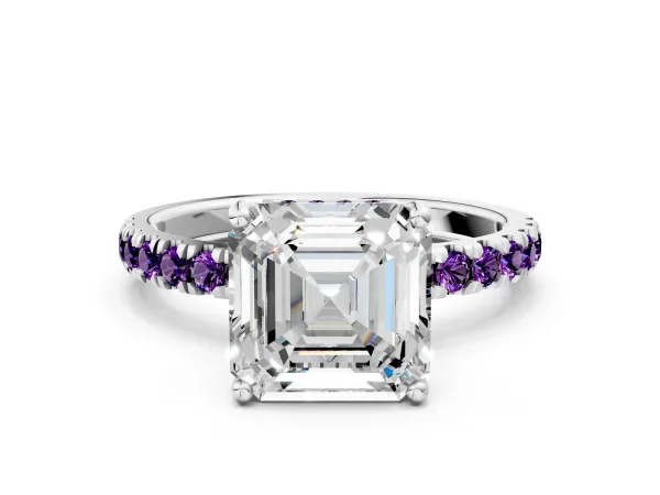 Asscher Cut Diamond Pave Band Solitaire Ring with Round Amethyst and Prong Setting Platinum