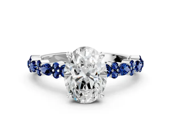 Oval Cut Diamond Side Stone Solitaire Ring with Round Blue Sapphire and Four-Prong Setting Platinum