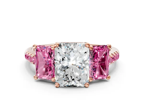 Three-Stone Radiant Cut Diamond Ring with Round Pink Sapphire Pavé Band and Prong Setting Rose gold
