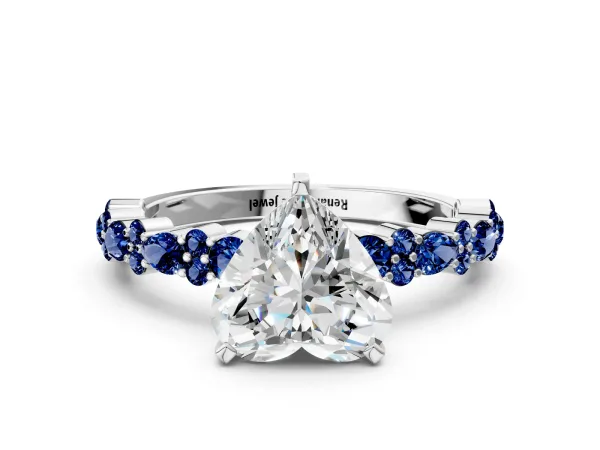 Heart Cut Diamond Side Stone Solitaire Ring with Round Blue Sapphire and Four-Prong Setting Platinum