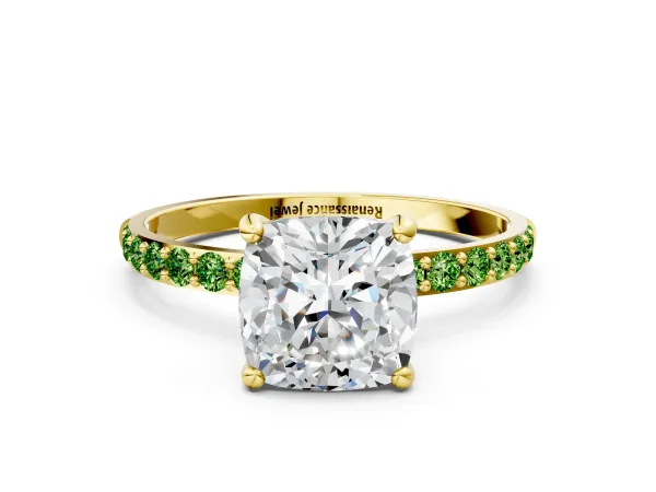 Cushion Cut Diamond Solitaire Ring with Round Peridot Pavé Band and Prong Setting Yellow gold