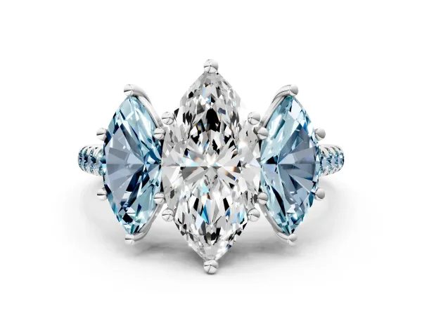 Three-Stone Marquise Cut Diamond Ring with Round Aquamarine Pavé Band and Prong Setting Platinum