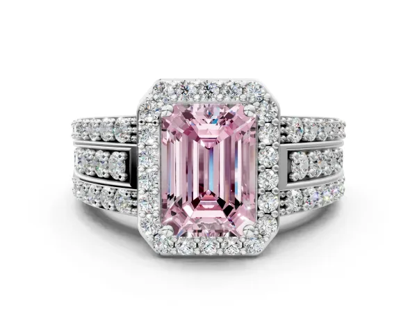 Fancy Pink Emerald Cut Halo Diamond Ring with Round Split Shank and Prong Setting White gold