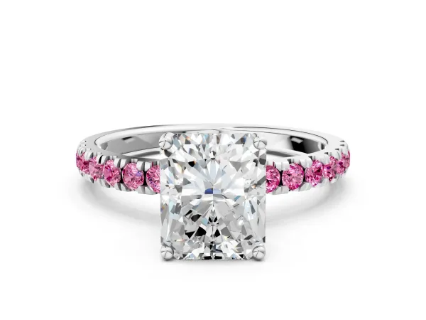 Radiant Cut Diamond Pave Band Solitaire Ring with Round Pink Sapphire and Prong Setting Platinum