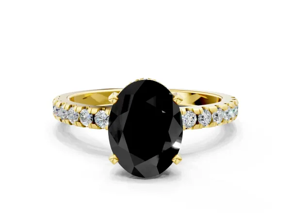 Fancy Black Oval Cut Diamond Solitaire Ring with Round Pavé Band and Four-Prong Setting Yellow gold
