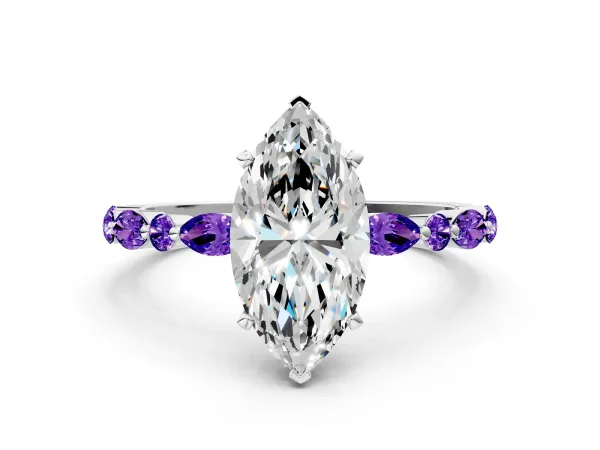 Marquise Cut Diamond Ring with Marquise and Round Tanzanite Side Stones and Four-Prong Setting White gold