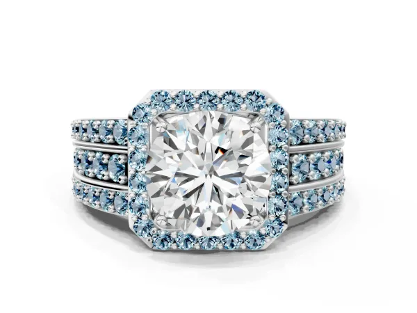 Round Cut Halo Diamond Ring with Round Aquamarine Split Shank and Prong Setting Platinum