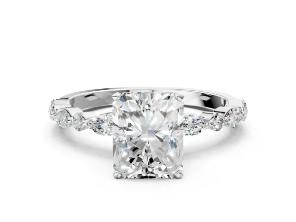 Radiant Cut Diamond Ring with Marquise and Round Moissanite Side Stones and Four-Prong Setting Platinum