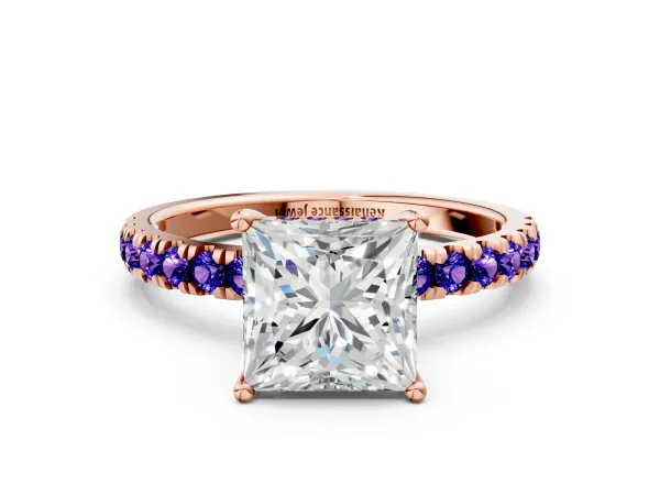 Princess Cut Diamond Pave Band Solitaire Ring with Round Tanzanite and Prong Setting Rose gold