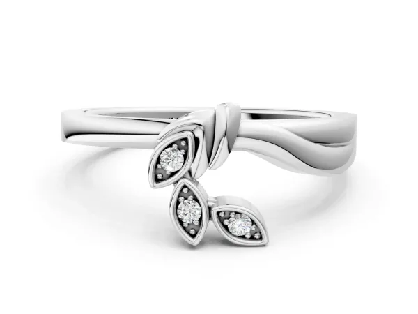 Three-Stone Round Diamond Leaf Bypass Ring with Bezel Setting White gold