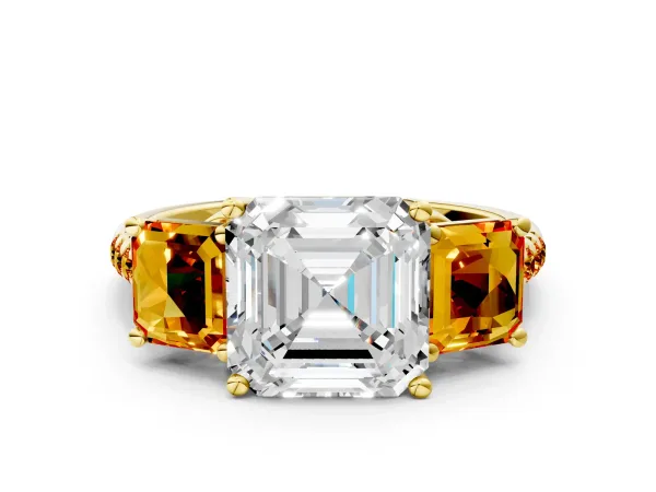 Three-Stone Asscher Cut Diamond Ring with Round Citrine Pavé Band and Prong Setting Yellow gold