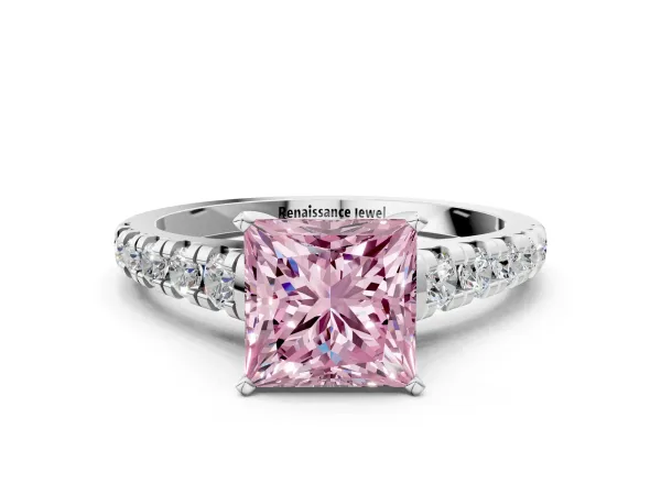 Fancy Pink Princess Cut Diamond Cathedral Solitaire Ring with Round Pavé Band Platinum