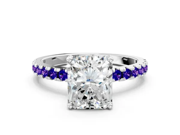 Radiant Cut Diamond Solitaire Ring with Round Tanzanite Pavé Band and Four-Prong Setting Silver