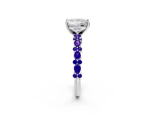 Princess Cut Diamond Side Stone Solitaire Ring with Round Tanzanite and Four-Prong Setting Silver