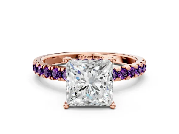 Princess Cut Diamond Pave Band Solitaire Ring with Round Amethyst and Prong Setting Rose gold