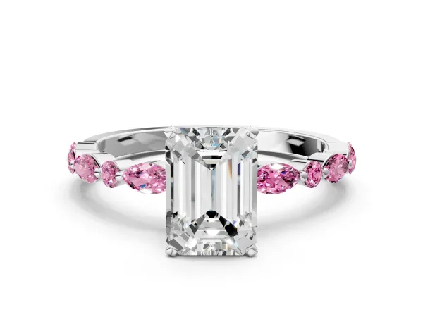 Emerald Cut Diamond Ring with Marquise and Round Pink Sapphire Side Stones and Four-Prong Setting White gold