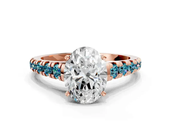 Oval Cut Diamond Cathedral Solitaire Ring with Round Blue Topaz Pavé Band Rose gold