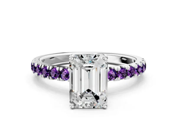 Emerald Cut Diamond Pave Band Solitaire Ring with Round Amethyst and Prong Setting Platinum