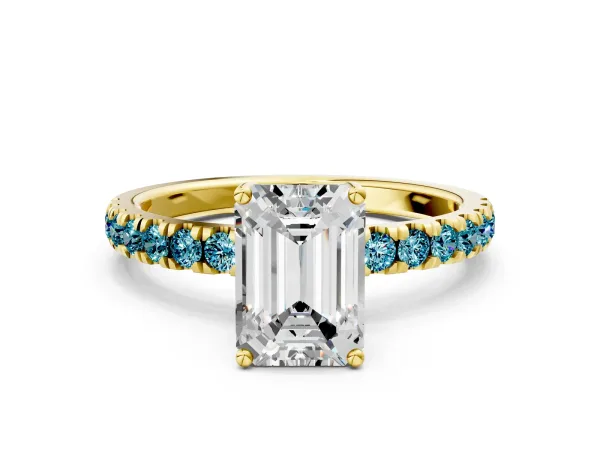 Emerald Cut Diamond Pave Band Solitaire Ring with Round Blue Topaz and Prong Setting Yellow gold