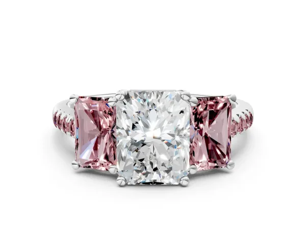 Three-Stone Radiant Cut Diamond Ring with Round Morganite Pavé Band and Prong Setting White gold