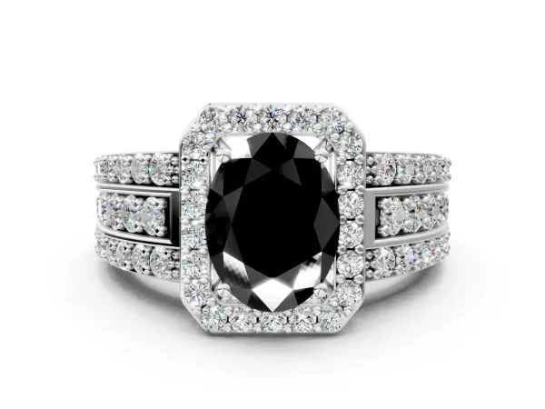 Fancy Black Oval Cut Halo Diamond Ring with Round Split Shank and Prong Setting Silver
