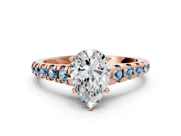Pear Cut Diamond Cathedral Solitaire Ring with Round Aquamarine Pavé Band Rose gold