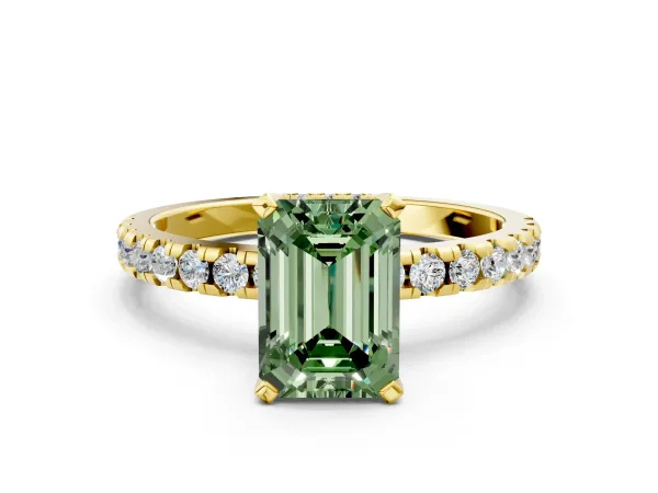 Fancy Green Emerald Cut Diamond Solitaire Ring with Round Pavé Band and Four-Prong Setting Yellow gold