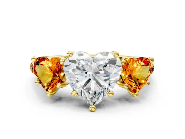 Three-Stone Heart Cut Diamond Ring with Round Citrine Pavé Band and Prong Setting Yellow gold