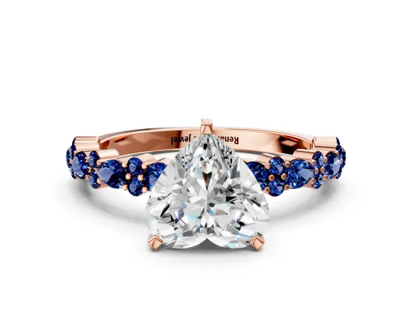 Heart Cut Diamond Side Stone Solitaire Ring with Round Blue Sapphire and Four-Prong Setting Rose gold