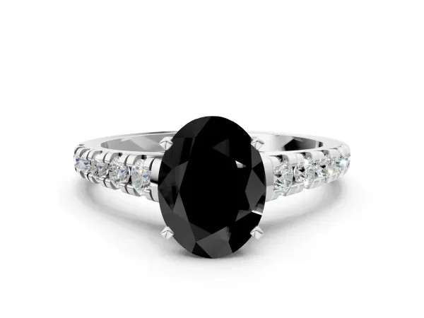 Fancy Black Oval Cut Diamond Cathedral Solitaire Ring with Round Pavé Band White gold