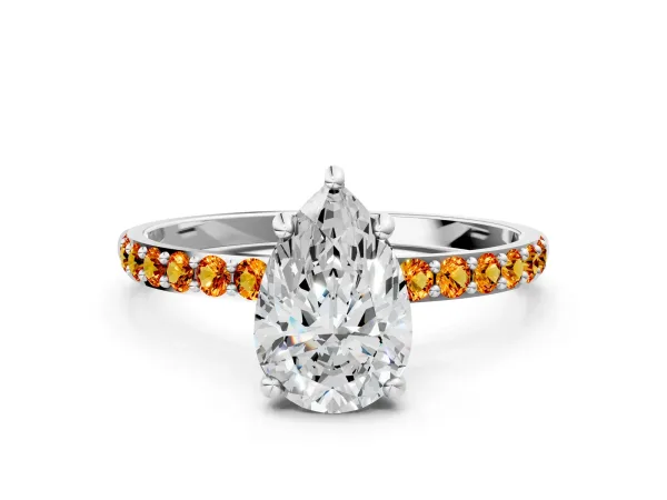 Pear Cut Diamond Solitaire Ring with Round Citrine Pavé Band and Prong Setting Platinum