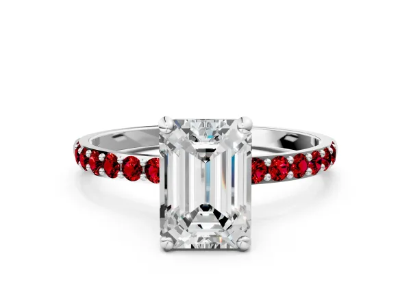 Emerald Cut Diamond Solitaire Ring with Round Ruby Pavé Band and Prong Setting Platinum