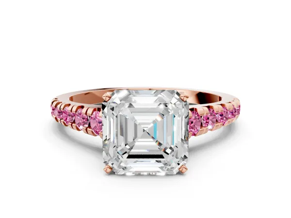 Asscher Cut Diamond Cathedral Solitaire Ring with Round Pink Sapphire Pavé Band Rose gold