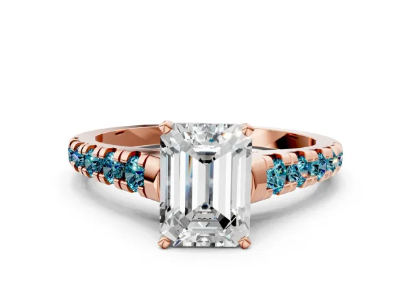Emerald Cut Diamond Cathedral Solitaire Ring with Round Blue Topaz Pavé Band Rose gold