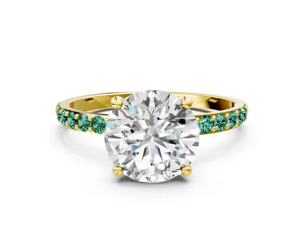 Round Cut Diamond Solitaire Ring with Round Green Sapphire Pavé Band and Prong Setting Yellow gold
