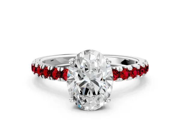 Oval Cut Diamond Pave Band Solitaire Ring with Round Ruby and Prong Setting Platinum