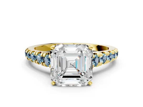 Asscher Cut Diamond Cathedral Solitaire Ring with Round Aquamarine Pavé Band Yellow gold