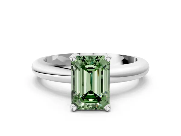 Fancy Green Emerald Cut Diamond Solitaire Engagement Ring with Round Band and Four-Prong Setting White gold