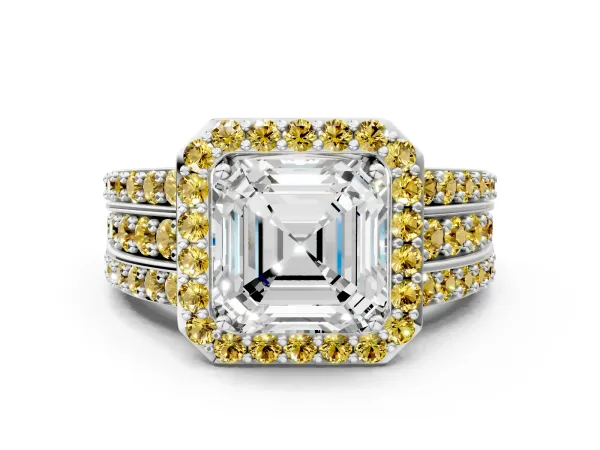Asscher Cut Halo Diamond Ring with Round Yellow Sapphire Split Shank and Prong Setting Platinum