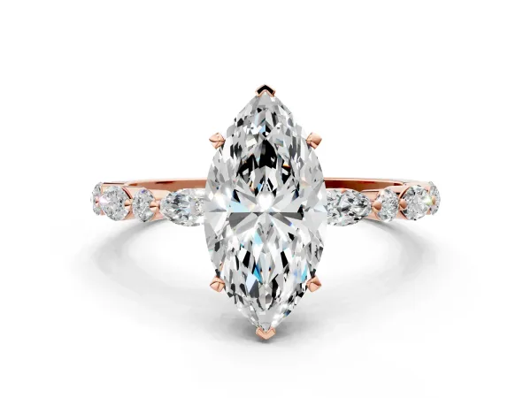 Marquise Cut Diamond Ring with Marquise and Round Moissanite Side Stones and Four-Prong Setting Rose gold