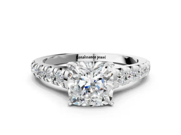 Cushion Cut Diamond Cathedral Solitaire Ring with Round Moissanite Pavé Band Platinum