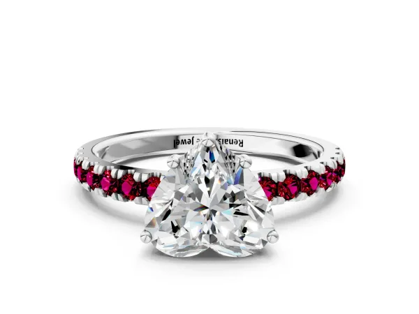Heart Cut Diamond Pave Band Solitaire Ring with Round Garnet and Prong Setting Platinum