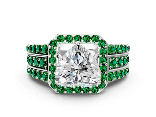 Heart Cut Halo Diamond Ring with Round Emerald Split Shank and Prong Setting Silver