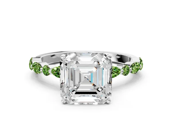 Asscher Cut Diamond Ring with Marquise and Round Peridot Side Stones and Four-Prong Setting Platinum
