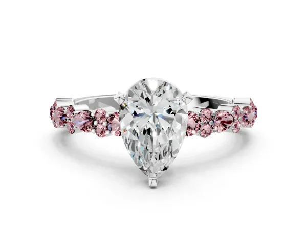 Pear Cut Diamond Side Stone Solitaire Ring with Round Morganite and Four-Prong Setting Platinum