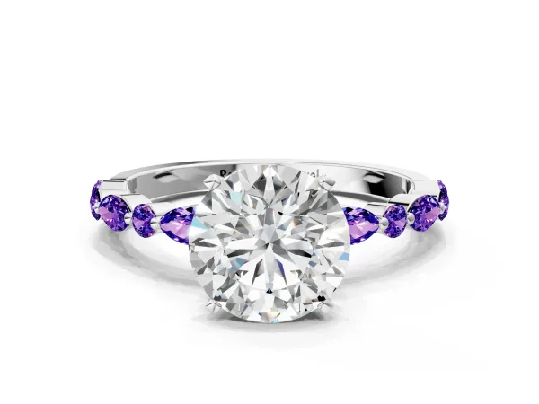 Round Cut Diamond Ring with Marquise and Round Tanzanite Side Stones and Four-Prong Setting White gold